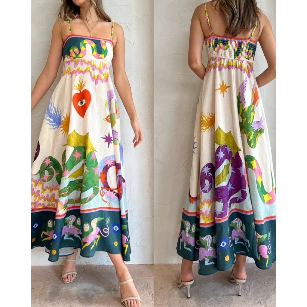(B5) Eclectic Mystical Print Maxi Dress Sacred Heart Dragon Smock Back M L